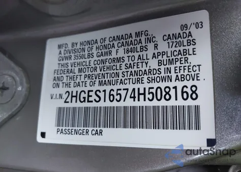 2004 Honda Civic Lx from USA, damaged, VIN 2HGES16574H508168